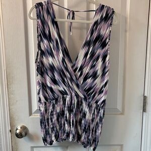 Lane Bryant V-Neck Blouse - Black, Purple, and White Pattern